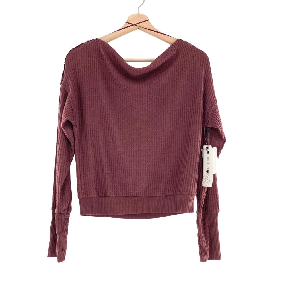 Treasure & Bond Off Shoulder Waffle Henley Top in Brown Chocolate